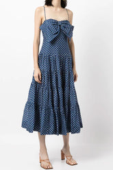 Robe d'été mi-longue surdimensionnée à pois vintage avec nœud papillon - Bleu